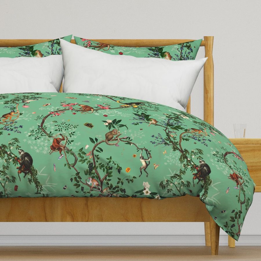 Forest Parrot Monkey Duvet Cover buy Set, Green Floral Bedding, Single Double Full Cali Queen King Size, Text n Size Customizable